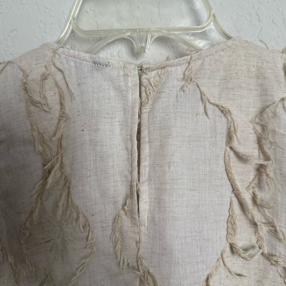 Zara Tan Linen Blend Puff Sleeve Blouse Size S Boho Textured Fringe Rustic - Picture 6 of 9